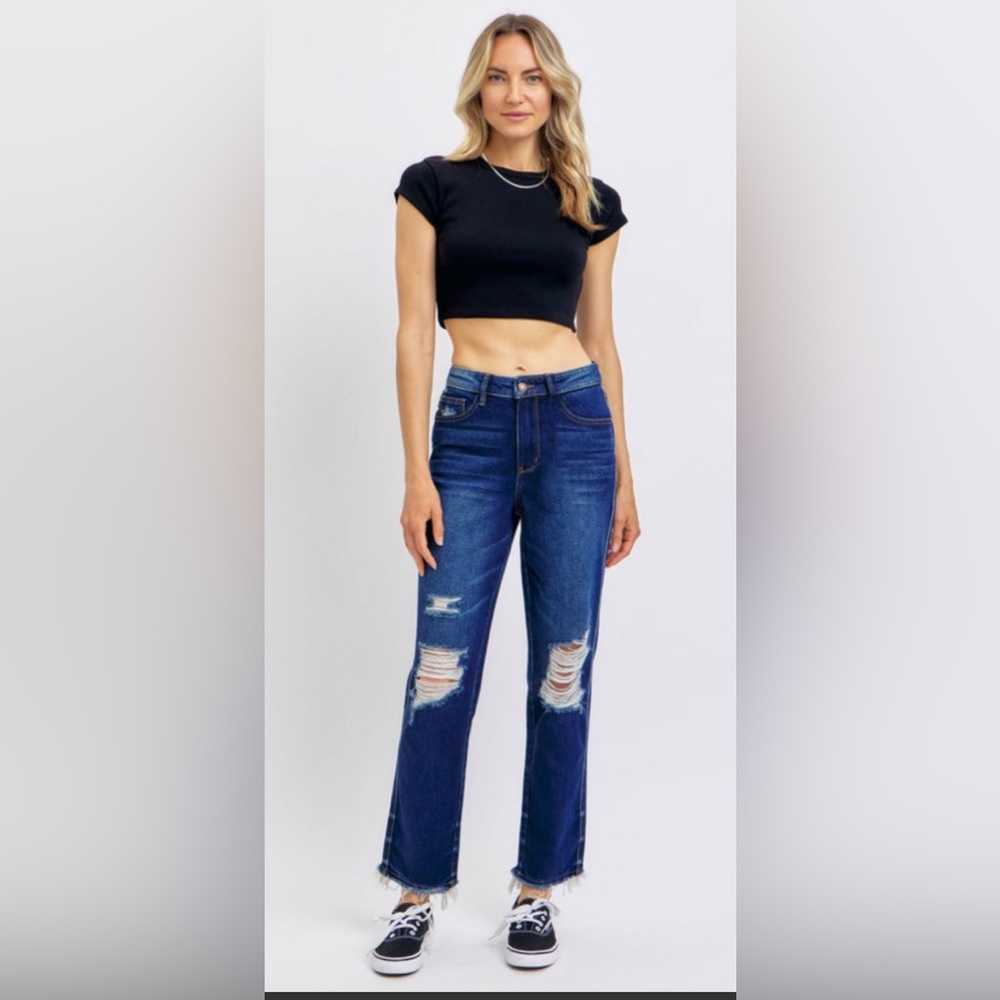 TRENDY JUDY BLUE HI WAIST RIGID MAGIC HEAVY DESTROY STRAIGHT JEANS